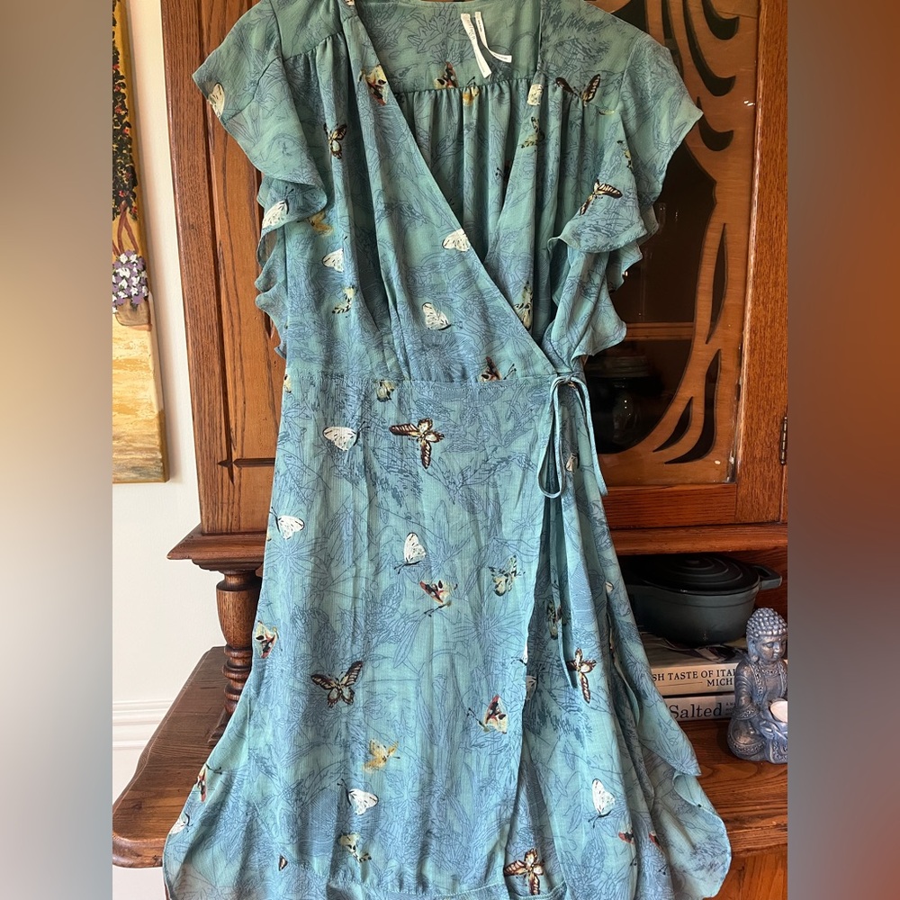 Anthropologie Blue Wrap Dress with Butterflies